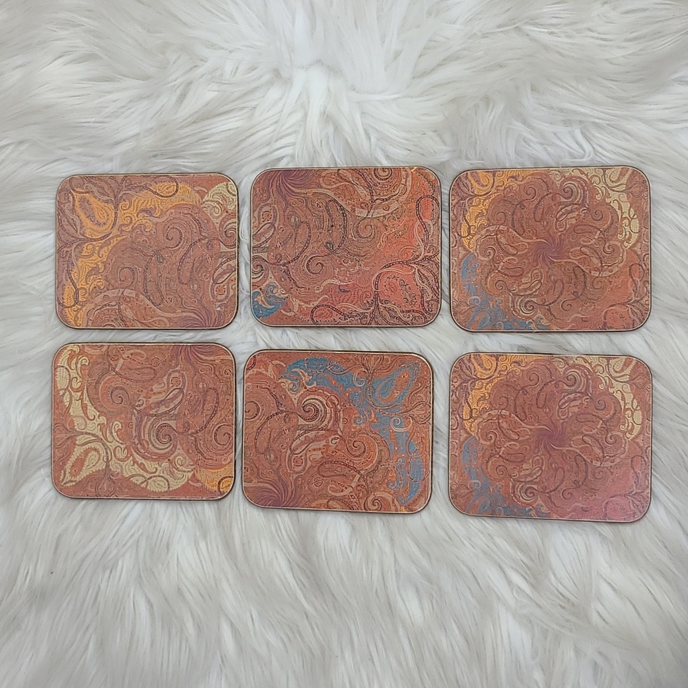 Coasters Set of 6 Burnt Orange Paisley Print Bohemian Style Home Decor Accent - Picture 3 of 4